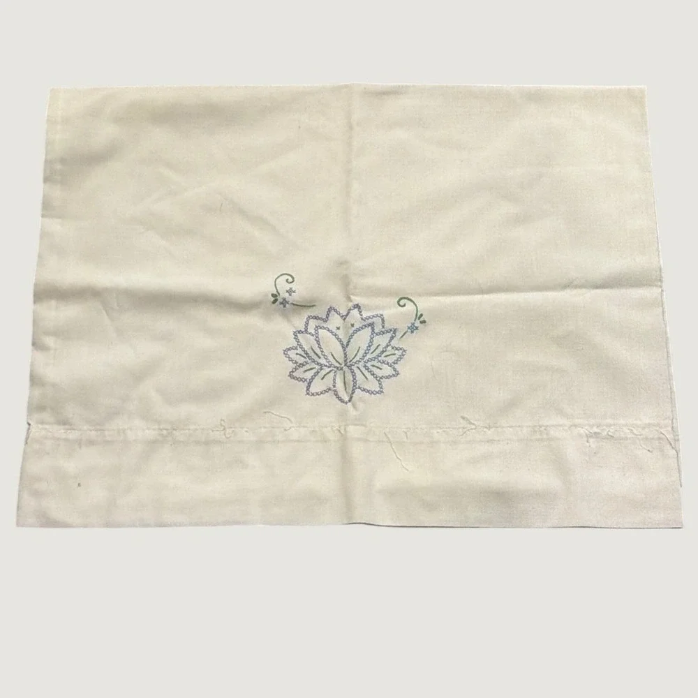 Vintage Hand Embroidered Single Pillowcase Blue Lotus Flower Cottagecore Bedding